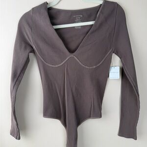 Free People V-Neck Ribbed Bodysuit in Brown